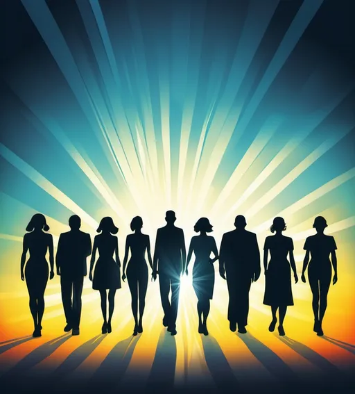 Prompt: large number people, silhouettes. Bright tones and a rays of light. Illustration.