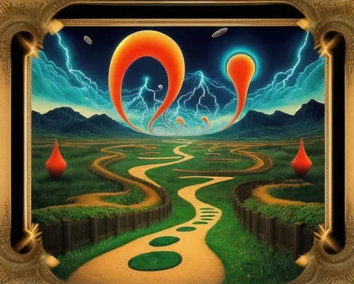 Prompt: A surreal art style image of an imaginative pathway leads to a journey down memory lane with framed images of real events adorning the pathway. Evokes feelings of contemplation. The journey depicts past delusions and false memories. Surrealism. Surreal art style. Vibrant colors 