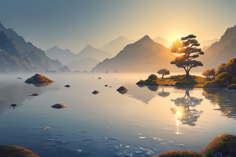 Prompt: A serene landscape adds to an overall feeling of calm and surrealism. Buddhism. Sunrise meditation. Enlightenment.