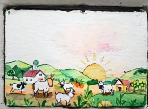 Prompt: Giant computer serves as the background of the Image and displays a sunrise on the black screen. The middle ground.depicts a rolling lush landscape filled with vegetables and crops. In the foreground there are Cows and chickens and goats and horses and sheep graze the growing crops through the hill.  Reminiscent of Old Macdonalds Farm.