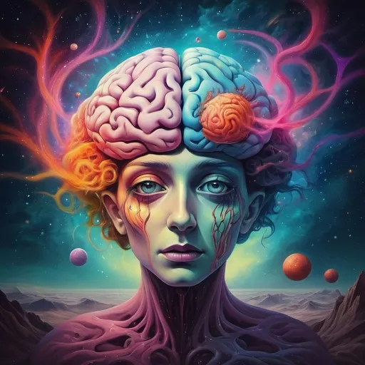 Prompt: surreal spacescape. Light travels faster than sound depicted Eyes and ears. Decaying brain. Bright colors. Surrealist art style Dahli inspired