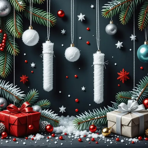 Prompt: Christmas theme, white cotton tampons, silver metallic string hanging from the tampons, Christmas gift , silver tinsel, red tinsel, green tinsel, red splatter.