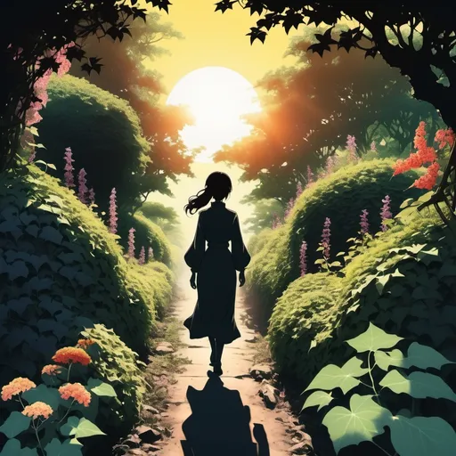 Prompt: A woman's silhouette walking a trail towards a bright sun, Image is framed by Ivy and start in foreground with is dark dead and rotting flowers which Slowly goes from dead flowers to beautiful lush garden the more the woman walks down the trail, Journey, contemplative, Bright colors, vintage anime, Japanese.