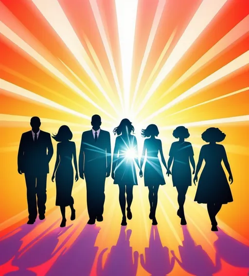 Prompt: large number people, silhouettes. Bright tones and a rays of light. Illustration.