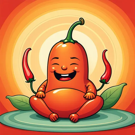 Prompt: Buddhist background, Happy cartoon chilli pepper meditating, serene, calming, peaceful