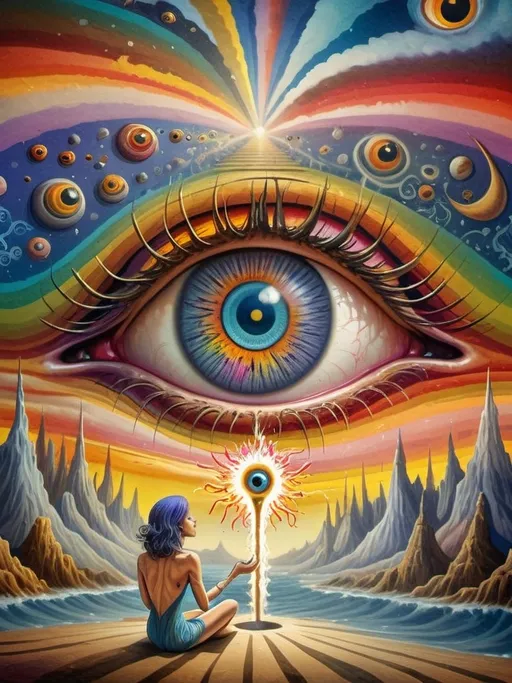 Prompt: Art style of Salvadore Dahli.
 Surrealist art movement. 
A dreamscape of imagination that Evokes a feeling of Trust and self worth. An overall sense of happiness about life. 

A self fanning tiny, inner sparks of possibility into flames of achievement showing a sense of movement and enlightenment. surreal. Fantasy. Bright colors. 