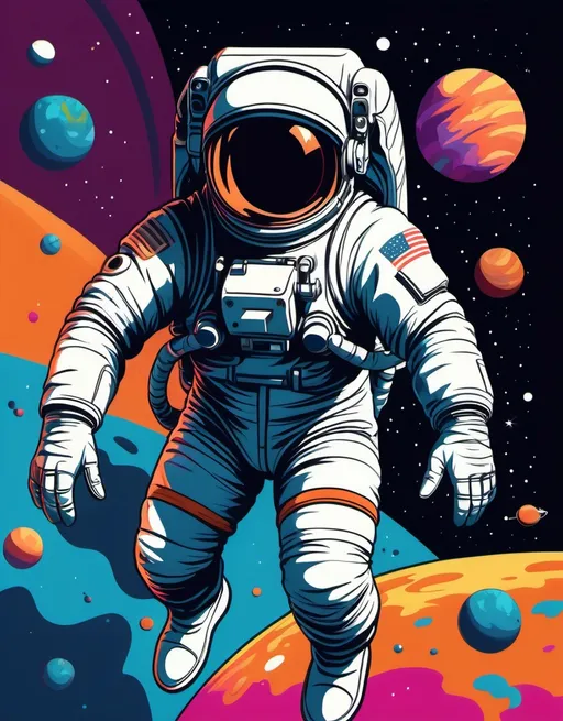 Prompt: Pop art, an astronaut floating freely in space, a planetary background
