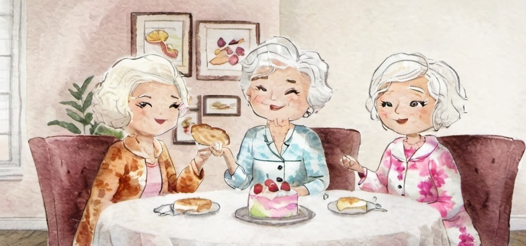 Prompt: In a cozy indoor setting, three animated older women gather around a circular table adorned with delicious slices of different cheesecakes. Each character is distinct, with varying hairstyles and vibrant attire; one woman (Rue McCalahan) sports a colorful patterned jacket with brunette hair, another has silver hair (Bea Arthur a cozy robe, while the third (Betty White) features soft, blonde curls and a pastel pink outfit. Their expressions convey a lively conversation, with animated gestures emphasizing their engagement. The warm color palette and inviting atmosphere reflect a friendly gathering, evoking a sense of camaraderie and shared laughter as they indulge in dessert. The scene captures a moment of friendship and enjoyment, drawing viewers into their delightful exchange.