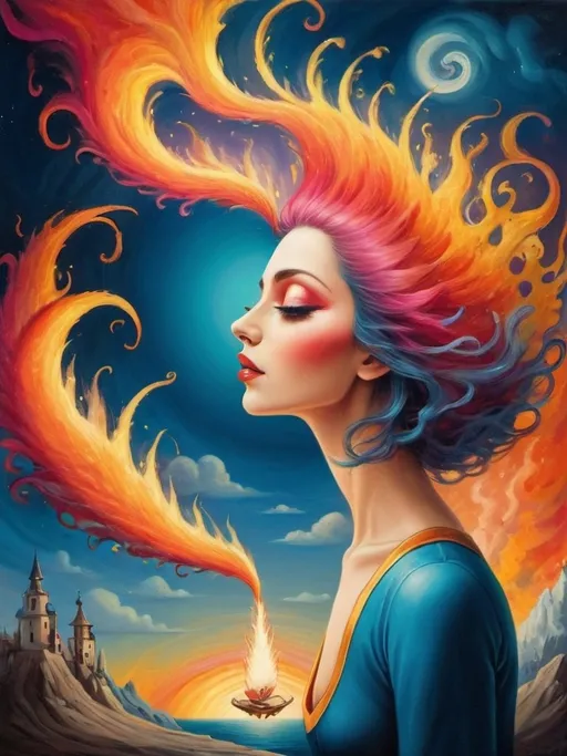 Prompt: Art style of Salvadore Dahli.
 Surrealist art movement. 
A dreamscape of imagination that Evokes a feeling of Trust and self worth. An overall sense of happiness about life. 

A self fanning tiny, inner sparks of possibility into flames of achievement showing a sense of movement and enlightenment. surreal. Fantasy. Bright colors. 