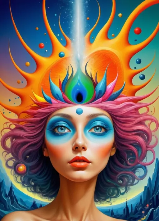 Prompt: Art style of Salvadore Dahli.
 Surrealist art movement. Fantasy. 
A dreamscape of imagination that Evokes a feeling of Trust and self worth. An overall sense of happiness about life. 
A self emmits tiny, inner sparks of possibility into flames of achievement showing a sense of movement and enlightenment. surreal. Fantasy. Bright colors (oranges, yellows, reds, teals, blues, white, pink, bright green.)