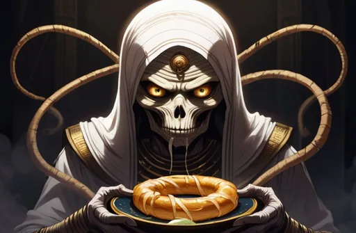 Prompt: 2d dark j horror anime style, Egyptian, mummy that has no eye or eyeballs, but in their place, our white onion rings