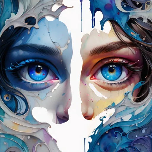 Prompt: digital watercolor painting, two blue eyes depicting the world look into frame, sees a changing world, paint splatter, bright colors bold brush strokes, art nouveau
