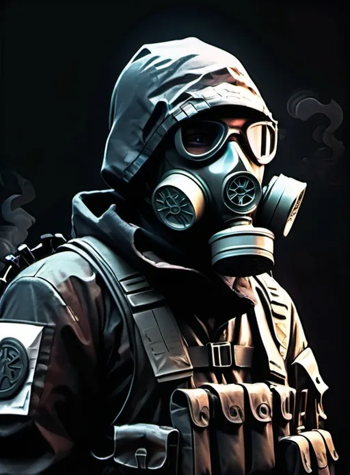 Prompt: Anime cyberpunk style, Dark color theme, war, battlefield with one soldier wears a gas masks Constructed out of white tissue paper., detailed, high quality, highly detailed, HD, dark background