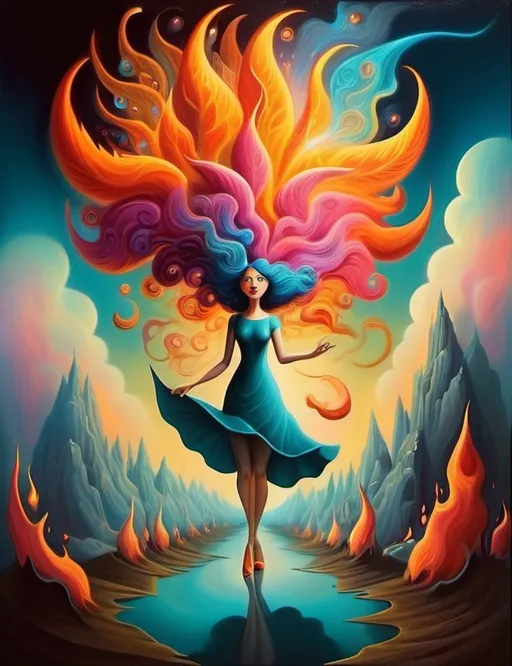 Prompt: Art style of Salvadore Dahli.
 Surrealist art movement. 
A dreamscape of imagination that Evokes a feeling of Trust and self worth. An overall sense of happiness about life. 

A self fanning tiny, inner sparks of possibility into flames of achievement showing a sense of movement and enlightenment. surreal. Fantasy. Bright colors. 