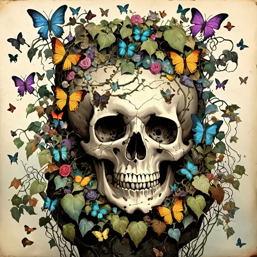Prompt: Image generated in an antique illustrated, Setting is a dirty old rotting it is man covered in growing mold while A vibrant arrangement of ivy, vines and black dead rotting flowers features a skull adorned with a flurry of colorful butterflies, perched atop its cranium in a lively and whimsical fashion. The skull, designed with exaggerated facial features and intricate details, rests on a old aged wooden surface, contrasting with the butterfly's delicate beauty. In the background, harsh, indoor graveyard setting, possibly. The overall composition blends elements of the macabre and the enchanting, creating a narrative of transformation and juxtaposition between the eerie skull and the ephemeral butterflies, evoking a sense of wonder and intrigue.