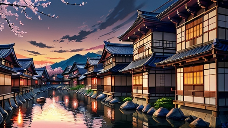 Prompt: Realistic, traditional japanese village at sunset, cherry blossom, detailed architecture, serene atmosphere, high quality, traditional, village, sunset scene, cherry blossom, detailed buildings, serene, realistic, atmospheric lighting, peaceful, traditional Chinese, warm tones