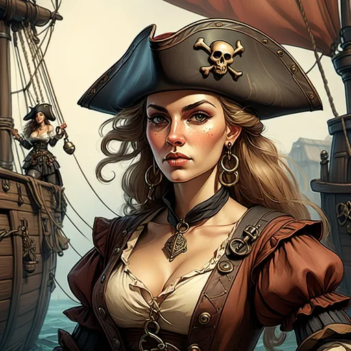 Prompt: Medieval fantasy fierce female pirate, Anton Pieck-style line art, huge hoop earings, detailed vintage attire, DnD charater, high quality, digital painting, antique color palette, atmospheric lighting, pirate narrative, female protagonist, hoop earrings, vintage, detailed ship, fantasy, medieval, antique color tones, professional, atmospheric lighting
