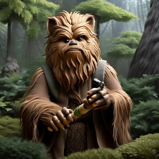 Prompt: Pixar-style illustration of a wise Chewbacca dressed a an ewok, earthy tones, lush forest setting, flowing Jedi robes, serene and wise expression, detailed fur with warmth and texture, lightsaber glowing in the forest, high quality, Pixar-style, earthy tones, lush forest, detailed fur, wise expression, Jedi robes, lightsaber, serene atmosphere