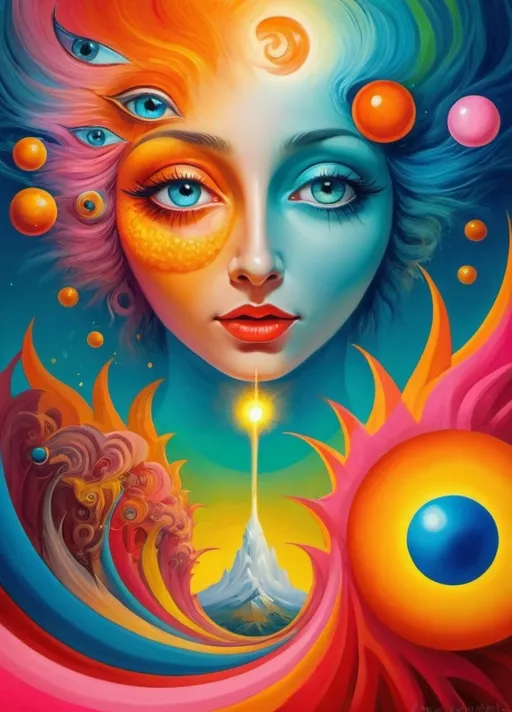 Prompt: Art style of Salvadore Dahli.
 Surrealist art movement. Fantasy. 
A dreamscape of imagination that Evokes a feeling of Trust and self worth. An overall sense of happiness about life. 
A self emmits tiny, inner sparks of possibility into flames of achievement showing a sense of movement and enlightenment. surreal. Fantasy. Bright colors (oranges, yellows, reds, teals, blues, white, pink, bright green.)