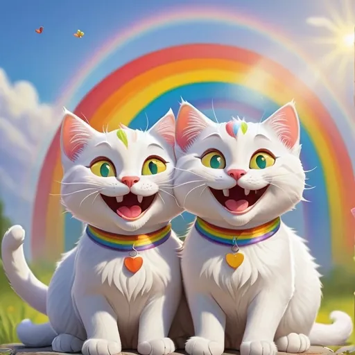 Prompt: Two all white happy cats doing human things and a happy smile, vibrant colors, sunny, rainbows 