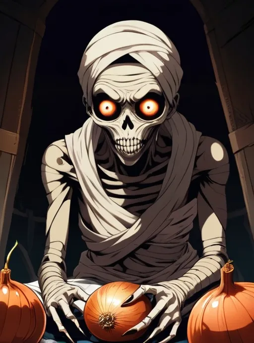 Prompt: 2d dark j horror anime style mummy with onions sitting in eye sockets