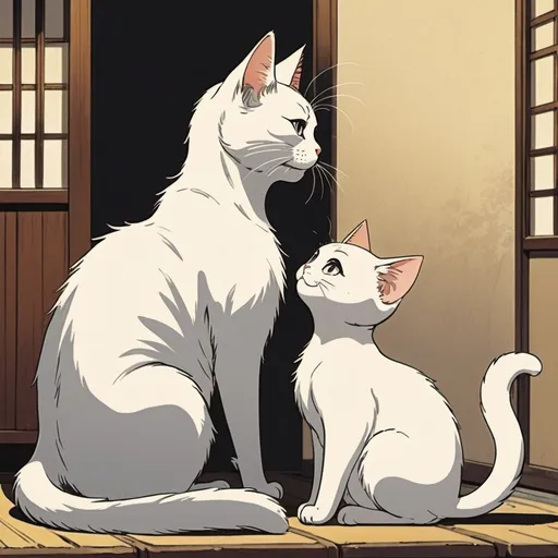 Prompt: Vintage anime style, japanese illustration, Male cat with a long slender tail face to face with a female cat with short stumpy tail, anime scene, happiness, cute,