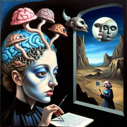 Prompt: Surrealist art movement. 
Fantastical landscape. 
Brains. Minds wandering. surreal. Dreamscape. Bright and vibrant colors. Natural lighting. Collage. 