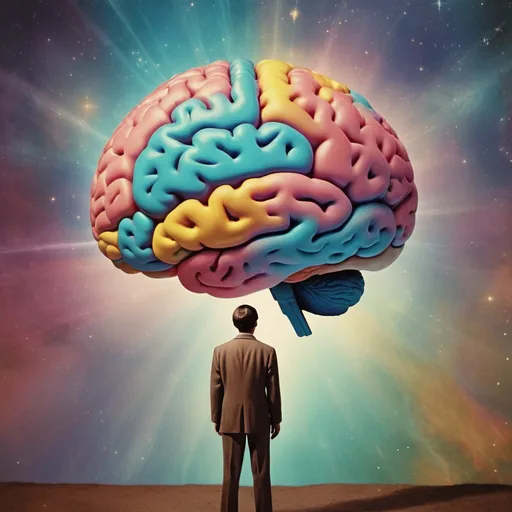 Prompt: Illustration, Mystery creates wonder, wonder is the basis of man's brain and desire, universe, understanding, bright colors, vintage, colorful, full body, captured with soft focus and muted colors typical of early film photography