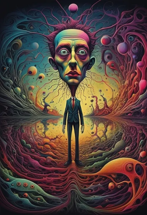 Prompt: The image depicts a fine line between one person who is a displays both genius and insane characteristics. Bold colors. Surrealist art style
