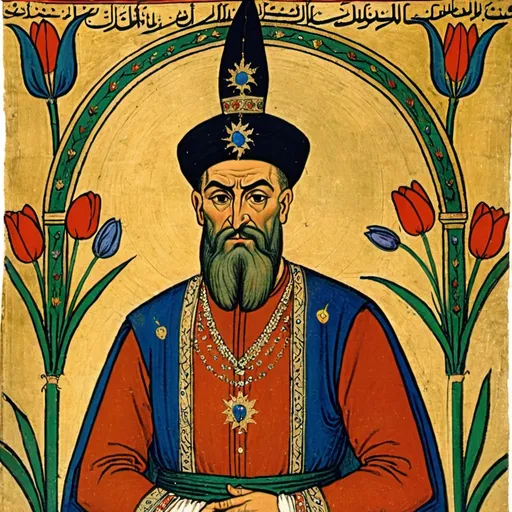 Prompt: Early medieval painting of Ottoman sultan with colorful tulips in and on turbans represent luxury and power.