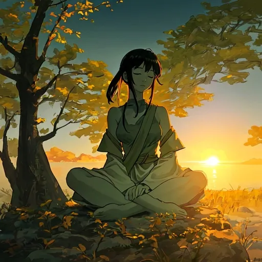 Prompt: The scene is a quiet and meditative landscape. The foliage is gently suede by a light breeze. Time of day is dusk. A sun with a brightly colored sunset, creates the light for the scene. A female figure sit in a meditative pose with eyes closed.
