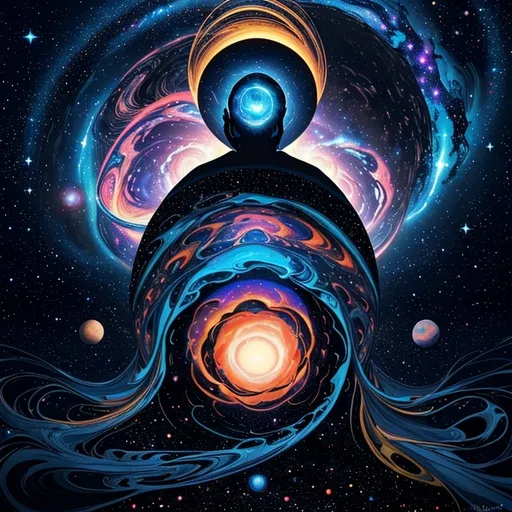Prompt: A silhouette of a human head emerges against a deep navy blue background, intricately filled with vibrant cosmic elements (stars, planets) that appear to spiral and swirl exuberantly from the top. The colorful arrangement features bright pinks, blues, and yellows that resemble planets, stars, and galaxies, creating an impression of a universe bursting from the mind. Fine stars enhance the mystical aura, while the overall composition evokes a sense of creativity, imagination, and the infinite possibilities of thought. The contrast between the dark backdrop and the lively colors emphasizes the theme of exploration and inspiration, inviting viewers to ponder the interconnectedness of the universe and the human experience.