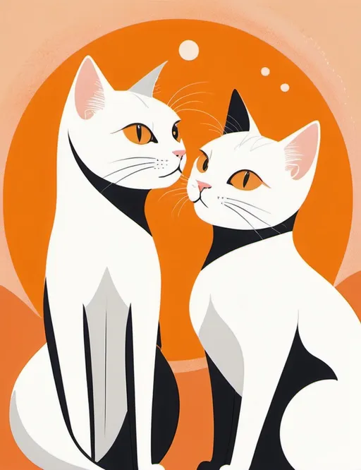 Prompt: Two charming cats sit close together, their expressions full of curiosity and affection, as they engage in a gentle gaze that suggests a deep connection. One cat has a striking white coat with long tail while the other is predominantly black with white accents and short stubby tail, creating a visually appealing contrast. The background features a warm, peachy-orange circle, accented by soft clouds and delicate floral elements, evoking a serene atmosphere. The illustration employs a bold, cartoonish style with clean lines and a limited color palette, enhancing the enchanting quality of the scene. Overall, this composition conveys a sense of companionship and tranquility, inviting viewers to admire the bond between the two felines.