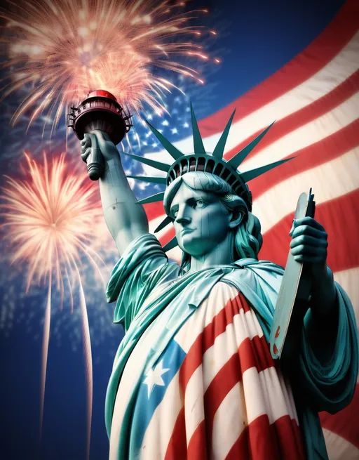 Prompt: red, white and blue. American Independence and American freedom. American flag. Statue of Liberty. Patriotism. Fireworks. vintage background