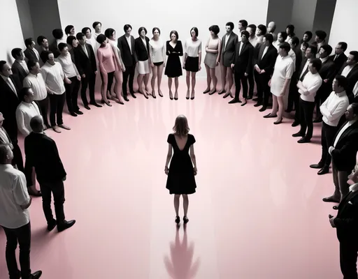 Prompt: A minimalist room. Black, white, gray, heels and pinks. Natural lighting. The image depicts a lone figure standing in the middle of a crowd in circling the figure. The crowd displays ignorance, laughing, fighting. Winner
