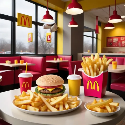 Prompt: The mcdonald interior view of fast food, dining room, children indulge at the McDonald eating a tray of pink bubblegum broccoli with french fries.