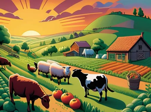 Prompt: Image depicts a rolling lush landscape filled with vegetables and crops. Cows, chickens, goats, horses, and a sheep graze the growing crops through the hill. Giant computer serves as the background featuring a sunrise on its screen. Reminiscent of Old Macdonalds Farm.