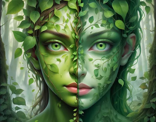 Prompt: artwork depicting a split-image of a face, divided vertically into two halves. The left half features a green-skinned face with vibrant, leafy vines covering the head and upper face, blending seamlessly with the skin. The green eyes are large and expressive, set against a soft, misty forest background with dense foliage and a light green hue. The texture of the skin is smooth and slightly reflective, with the leaves adding a natural, organic texture.

The right half contrasts with a brown and rotting dead face, also with curly hair but adorned with darker, dead, shadowy leaves and branches that partially obscure the face. The eyes are similarly large and expressive but in shades of greys, set against a muted, cloudy sky background with bare, black tree branches. The skin texture here is more textured and shadowy, creating a stark contrast with the left half.

The overall composition uses a dichotomy of light and dark, green and brown, natural and shadowy elements to create a visually striking and symbolic image. 

The artwork combines elements of surrealism and nature, emphasizing the connection between human and natural elements.