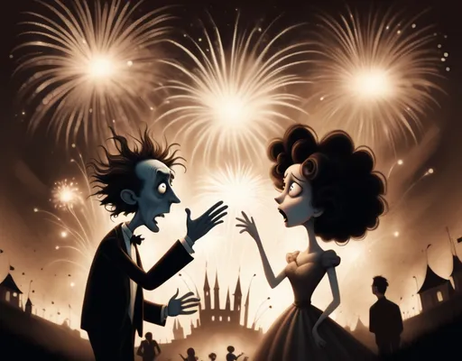 Prompt: Tim Burton illustration style. Sepia like Vibrant colors. Fireworks background. Couple verbally arguing with Female Declaring independence. Evokes the feelings of freedom. 