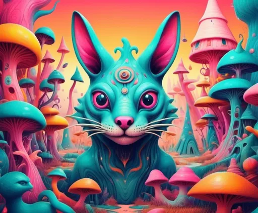 Prompt: Surrealism. Strange and odd vibes. dreamscape wonderland. Mythological and fantasy animal like creatures. Bright happy colors.