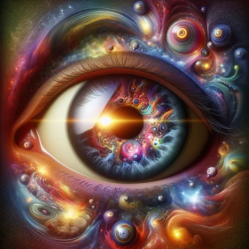 Prompt: Dilated pupil. Death. Bright colors. Surreal
