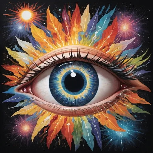 Prompt:  A striking set of stylized eyes serves as the central focus, featuring an iris that vividly incorporates an image of the Earth and universe. The image portrays the changing of a season from winter to spring to summer to fall. The detailed black pupil draws attention, surrounded by a radiant burst of bright colors resembling the image of universe and sun's rays, enhancing the set of eye's impact.