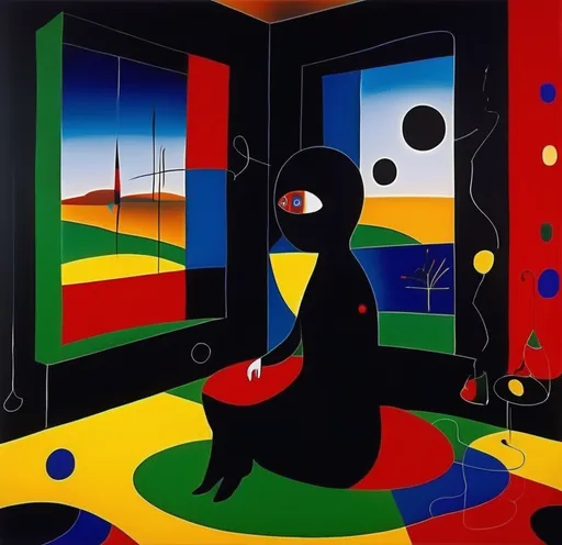 Prompt: Joan Miro surrealist style, ethereal dreamscape.surreal room depicts a female figure sitting alone in a living space. She is alone and lonely. Contrast between dark colors and bright colors.