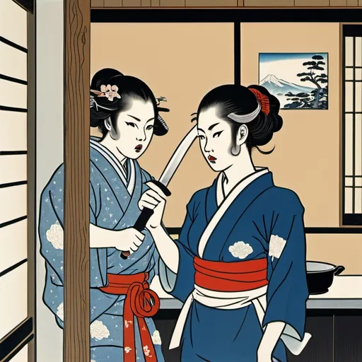 Prompt: Ukiyo-e japanese art, In a tense domestic scene, a  beautiful young shapely female woman stands assertively in a modern Kitchen brandishing a large knife. Her expression conveys a mix of anger and determination, contrasting sharply with the male man's shocked and defensive posture as he raises his hands in a gesture of surrender or plea. The kitchen features  a window with dramatic light filtering in, illuminating the emotional turmoil of the moment. The man's casual attire creates a stark juxtaposition with the threatening situation, amplifying the drama of the interaction. The overall composition captures a moment rife with tension, highlighting the conflict between the male and female characters while blending indoor warmth with anxiety.