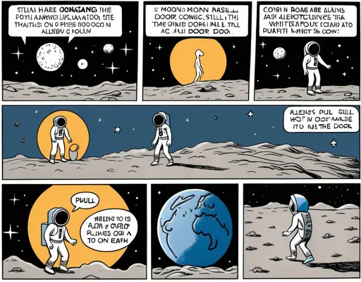 Prompt: Comic strip. Panel 1 depicts People are going to the moon. Panel 2 aliens are coming to Earth. Panel 3 white woman still pushing on a door that says pull.