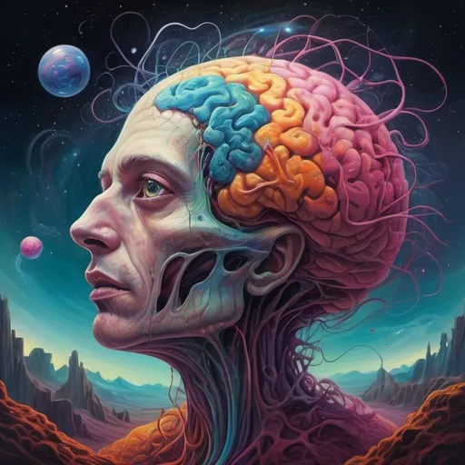 Prompt: surreal spacescape. Light traveling faster than sound. Evokes a feeling of speed and loud. Eyes and ears. Decaying dying brain. Bright colors. Surrealist art style Dahli inspired