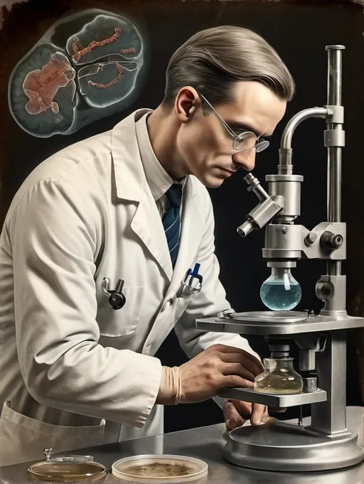 Prompt: Vintage medical illustration. Male scientist. Lab setting. On steel table with microscope sits a petri dish in that mold had grown in the dish filled with liquid.
