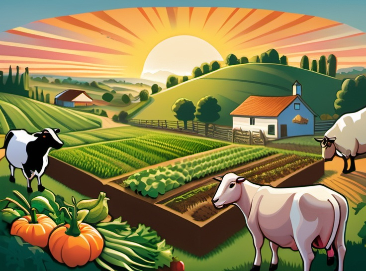 Prompt: Image depicts a rolling lush landscape filled with vegetables and crops. Cows, chickens, goats, horses, and a sheep graze the growing crops through the hill. Giant computer serves as the background featuring a sunrise on its screen. Reminiscent of Old Macdonalds Farm.