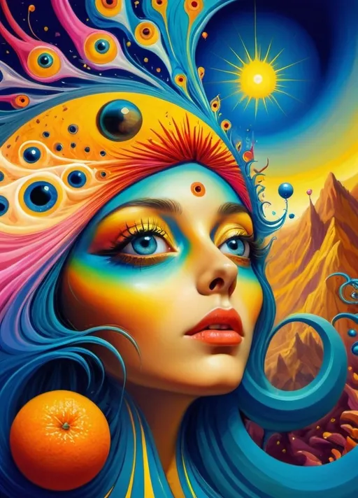 Prompt: Art style of Salvadore Dahli.
 Surrealist art movement. Fantasy. 
A dreamscape of imagination that Evokes a feeling of Trust and self worth. An overall sense of happiness about life. 
A self emmits tiny, inner sparks of possibility into flames of achievement showing a sense of movement and enlightenment. surreal. Fantasy. Bright colors (oranges, yellows, reds, teals, blues, white, pink, bright green.)