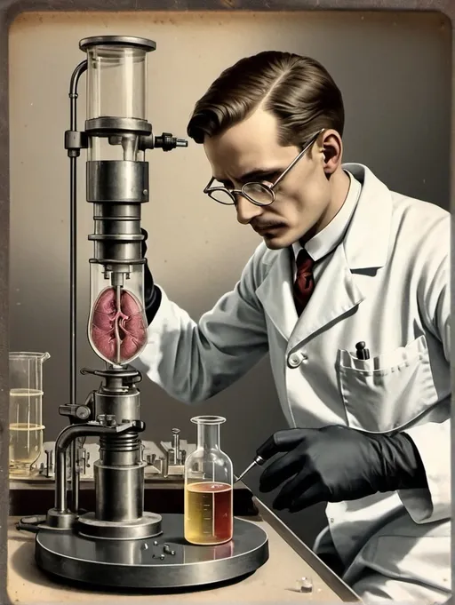 Prompt: Vintage medical illustration. Male scientist. Lab setting. On steel table with microscope sits a petri dish in that mold had grown in the dish filled with liquid.